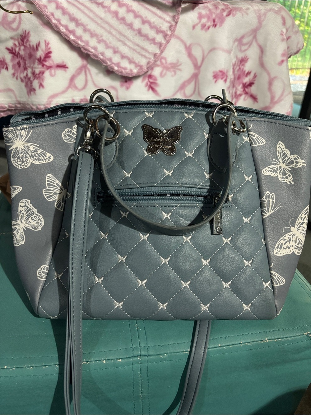 Betsey Johnson Slate Blue Quilted Butterfly Satchel